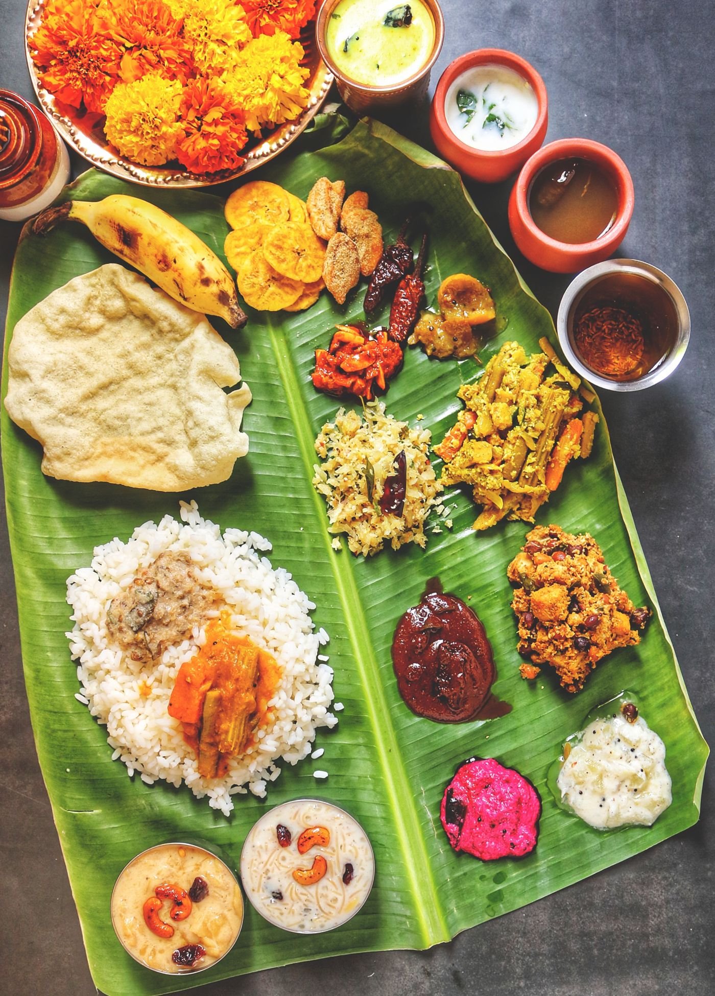 Traditional South Indian feast on banana leaf