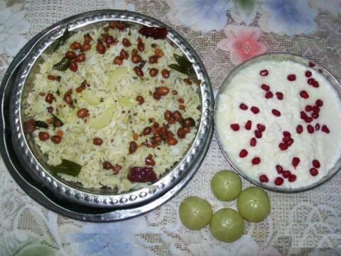 Tangy gooseberry rice with peanuts and curry leaves