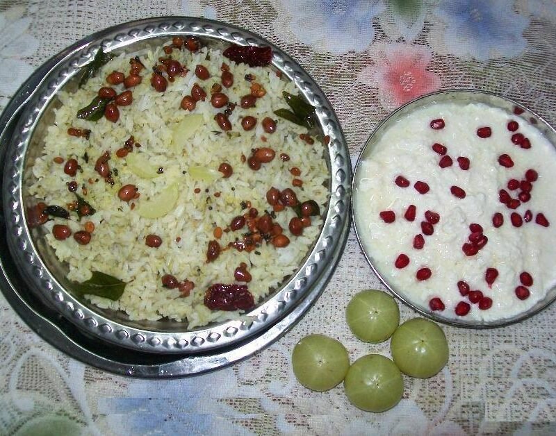 Tangy gooseberry rice with peanuts and curry leaves