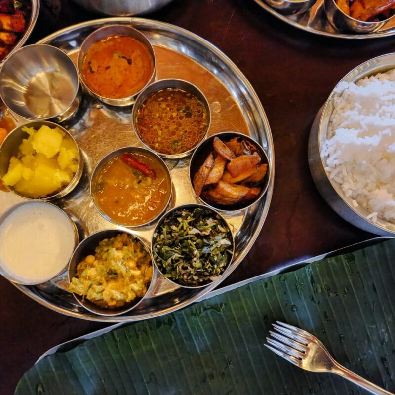 Traditional South Indian thali on banana leaf