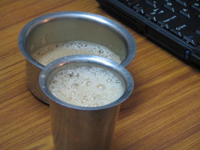 South Indian filter coffee in a traditional dabarah
