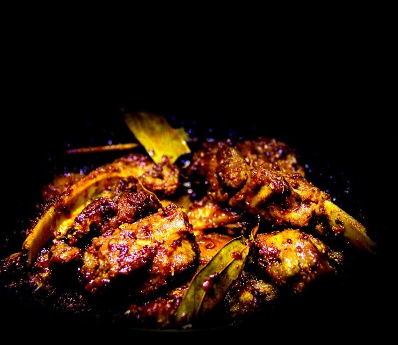 Dry spicy South Indian mutton chukka roasted with curry leaves