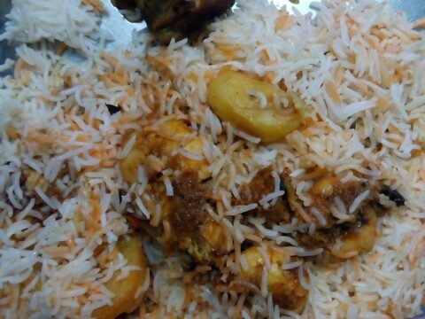 Prawn biryani with prawns mixed into fragrant rice