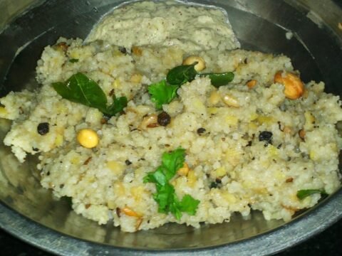 Kodo millet pongal garnished with cashew and curry leaves